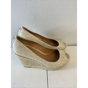 Coach Milan Beige  Fabric Wedges Heels Peep Toe Espadrilles‎ Logo Women 10B